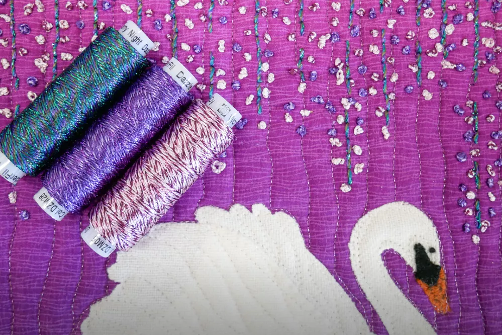 Perfect for adding a unique shimmer to your hand embroidery. Project by Kim Rado, Starry Night Hollow.