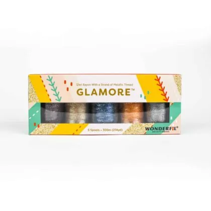 A close-up of GlaMore metallic thread pack.